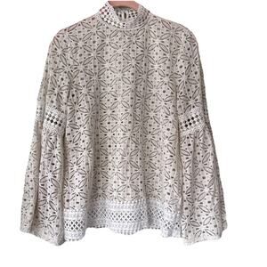 Pointelle Brand White Lace Mock Neck Top Boho Flare Sleeve Top Coquette Sz S